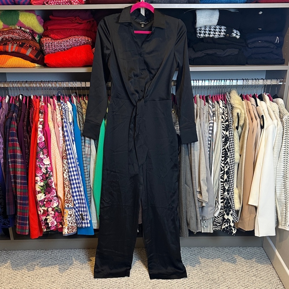 Versona black satin long sleeve front tie side zipper closure jumpsuit size S